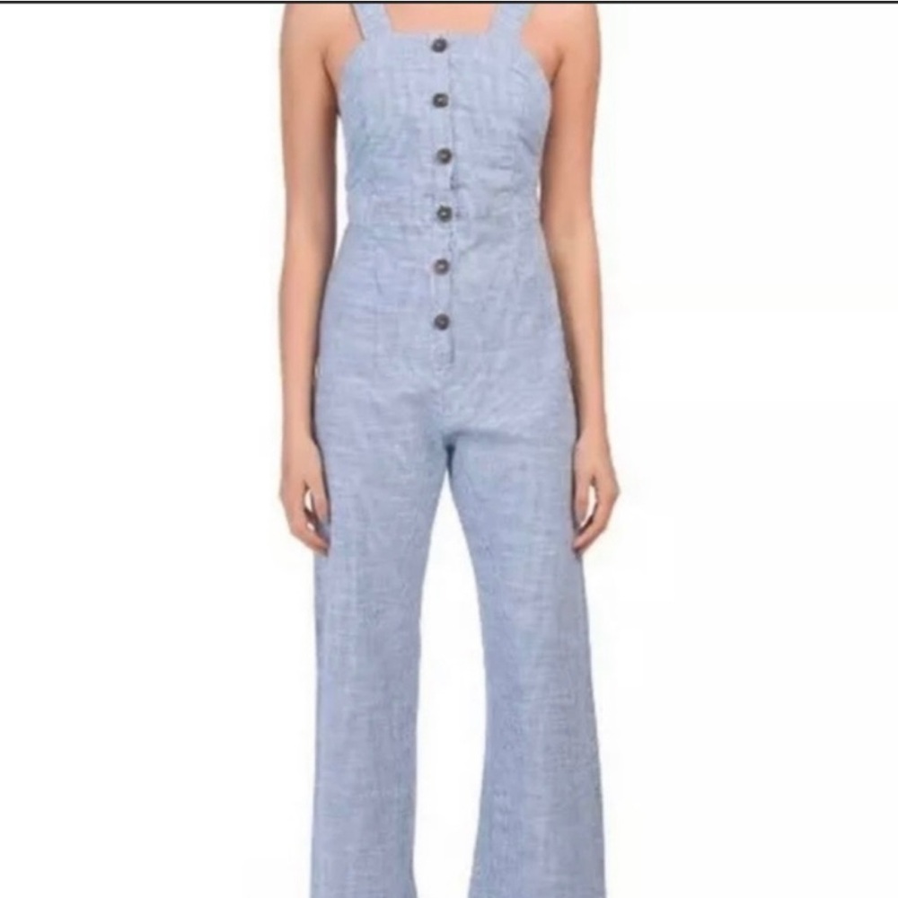 JAPNA CHAMBRAY BLUE COTTON STRIPED BUTTON OVERALL STYLE JUMPER - Picture 2 of 2